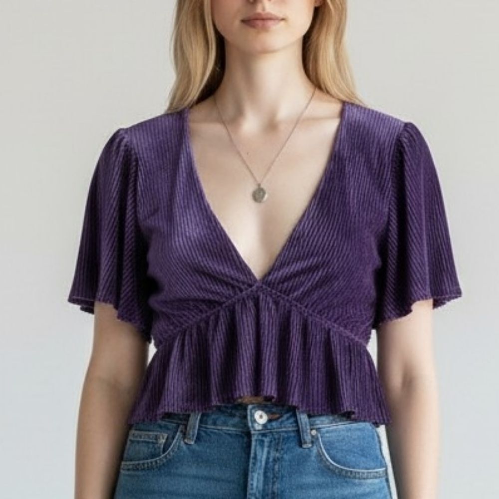 Urban Outfitters Ribbed Velvet V-Neck Ruffle Crop Top